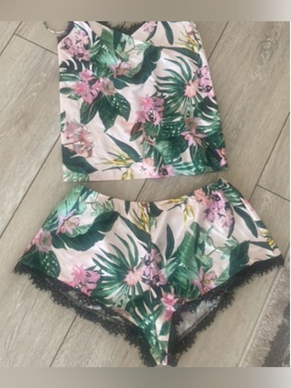 NWT Victoria's Secret satin Tropical  floral Pajama Set - lace back. Sexy. Gift